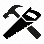 A black vector of a hammer and saw crossing each other like an "x".