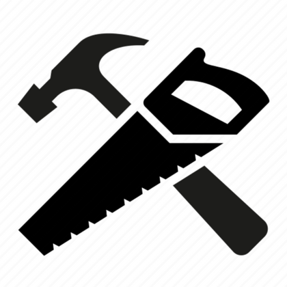 A black vector of a hammer and saw crossing each other like an "x".